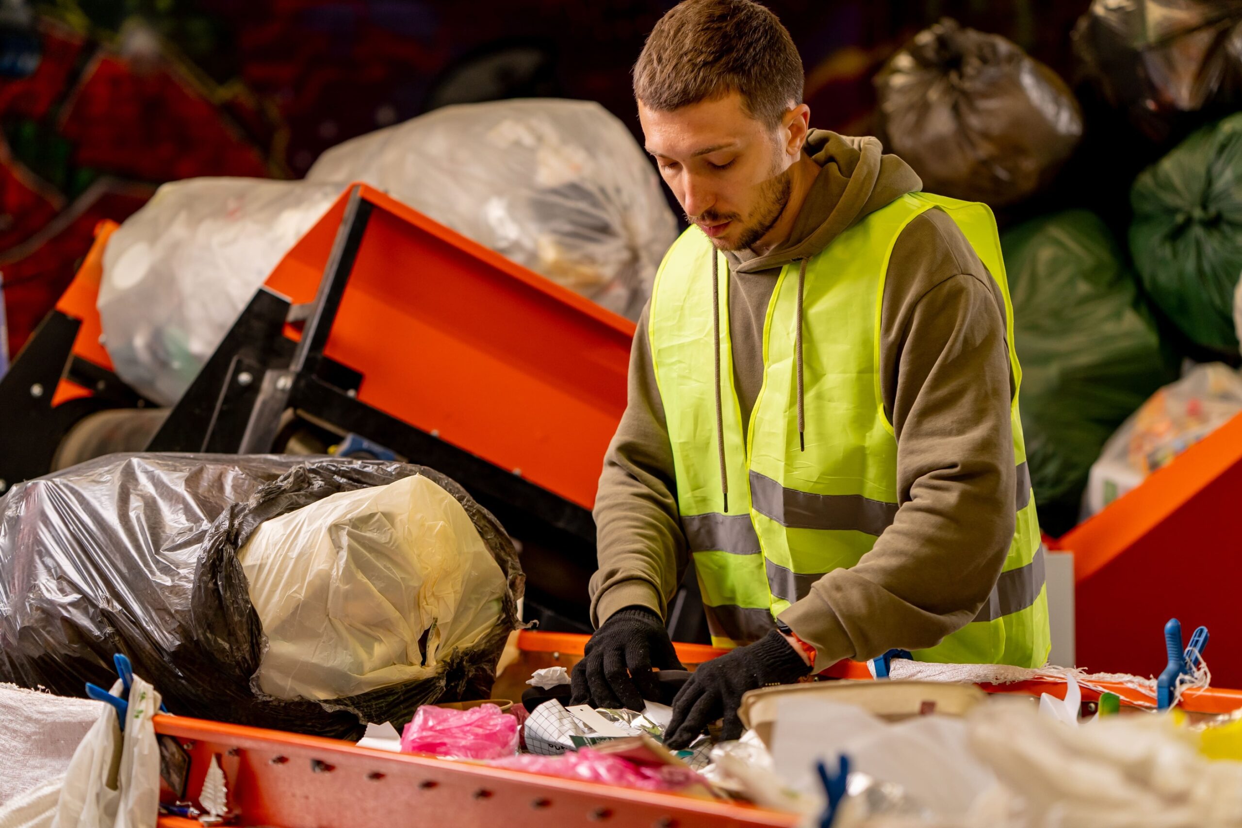 a man in a vest and gloves looking at garbage