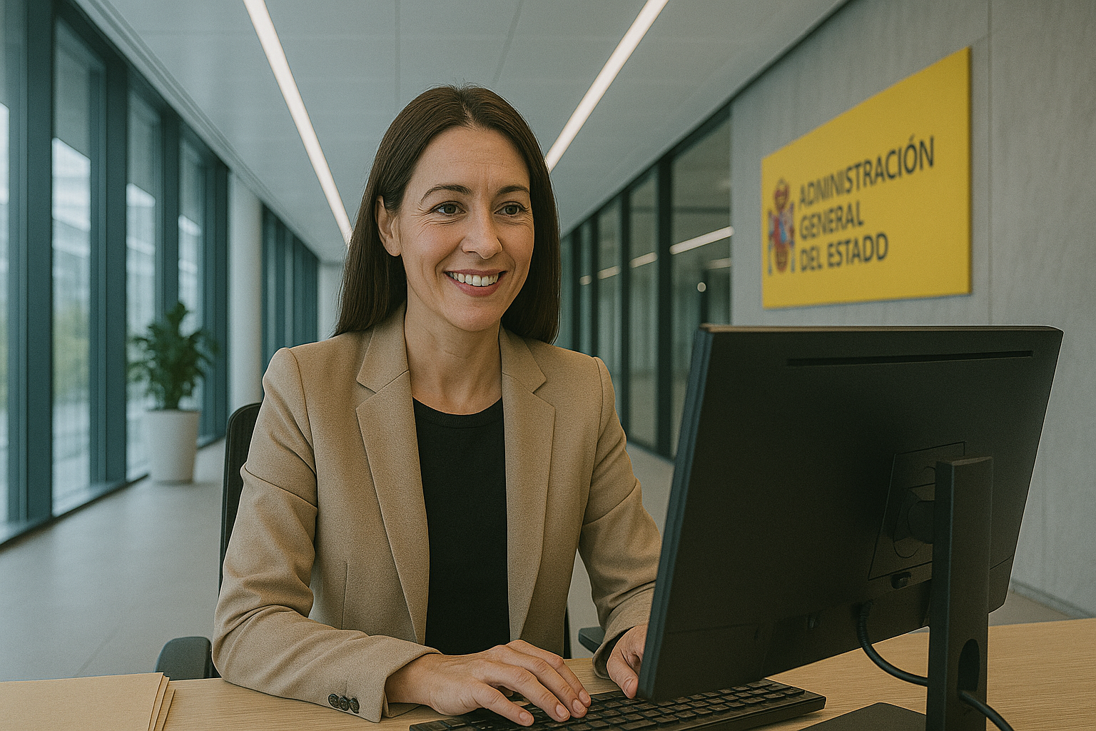 Una mujer trabajando en su ordenador en las oficinas de administración general del estado