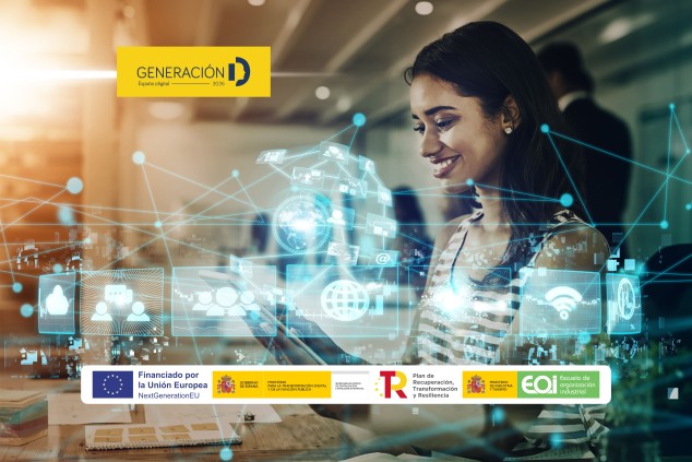 Persona trabajando en una tablet mientras se ve texto del gobierno de España en pantalla